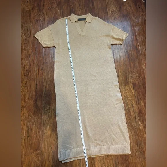 Lightweight Sweater Dress Midi Length In Tan Collar Coastal - Picture 8 of 8